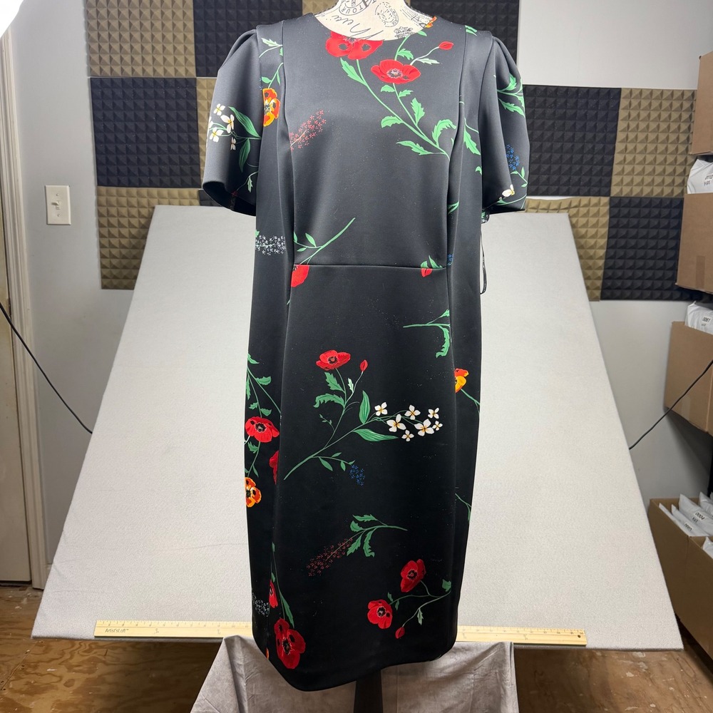 Calvin Klein Women 14W Black Floral Scuba Neoprene Sheath Midi Dress Puff Sleeve